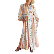 Haimao Tong Women's Boho Print Maxi Shirt Dress, Long Sleeve, Belted Waist, Lightweight Breathable Fabric, Casual Vacation Style