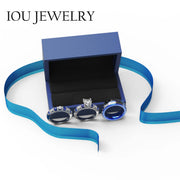 IOU 3pc Couples Wedding Ring Set, Sterling Silver Women's Band with 14 Heart-Cut Blue Moissanite Stones, Titanium Men's Band, Gift Box Included