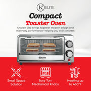 Kitchen Elite KE-OV-B101-BK Toaster Oven, Compact Countertop, 9 Liter Capacity, 800 Watt, Stainless Steel, Black