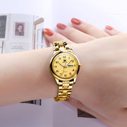 OLEVS 5567 Ladies Quartz Wrist Watch, Two-Tone Gold Plated Stainless Steel, Analog Quartz Movement, Digital Date Display, Luminous Hands, Waterproof