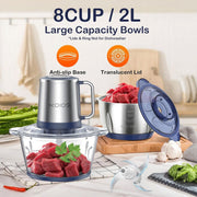 DBPOWER Food Processor, 500W Electric Food Chopper with Two 8-Cup Bowls, 4D Bi-Level Blades, Two-Speed with Pulse Control, Blue
