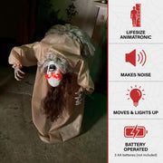 FRASHH Haunted Hill Farm Animatronic Possessed Backbend Lady, 3.4 ft Life-Size Halloween Decoration, Touch and Motion Activated, Battery Operated, Red LED Eyes, Sound Effects