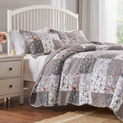 Greenland Home Fashions Giulia Quilt Set, Reversible Patchwork and Floral Design, Gray, Oversized Twin XL, Cotton Microfiber GL-1812AMST