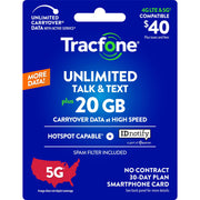 InComm Tracfone 40 Smartphone Prepaid Plan, Unlimited Talk and Text, 20 GB High-Speed Data, Hotspot Capable, 30-Day