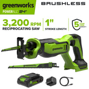 Greenworks PowerAll 24V Brushless Reciprocating Saw Kit, 2Ah USB-C Battery, 30W Fast Charger, Adjustable Pivoting Shoe, 3,200 SPM, RS326A2