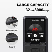 SWOFY Clip On MP3 Player, Portable Wearable Player with 32GB Storage, Bluetooth 5.0, FM Radio, Recording, Pedometer, Black