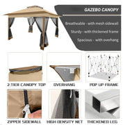 Hoteel HO-005920 12x12 Outdoor Pop-up Gazebo Canopy with Mosquito Netting, Double Vented Top, Brown