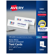 Avery Tent Cards, Embossed Border, Heavyweight Matte White Cardstock, 2.5 in x 8.5 in, 100 Pack