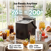 EUHOMY Countertop Ice Maker, Portable, 26 lb Daily Output, 9 Bullet Ice Cubes in 6 Minutes, 2 Ice Sizes, Self-Cleaning, 1.1L Water Tank, Black, IM021-B1