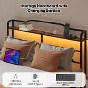 NISIEN Queen Size Bed Frame with LED Storage Headboard, RGB Lights, Charging Station, Metal Platform, Black