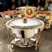 Warmounts 5QT 4 Pack Gold Accent Stainless Steel Chafers and Buffet Warmers Sets with Lid & Lid Holder