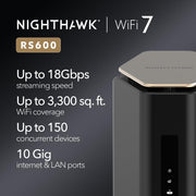 NETGEAR Nighthawk RS600 Tri-Band WiFi 7 Router, 18 Gbps Wireless Speed, 10 Gig Internet Port, Covers 3,300 sq. ft., Supports 150 Devices, Black