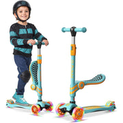 Dribbl 3-Wheel Kids Scooter with Seat, Motion-Activated LED Wheels, Adjustable Handlebar, Wide Anti-Slip Deck, Rear Foot Brake, Aqua Orange, Ages 2+, DBSETKS77