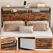 Behost Queen Bed Frame with Wooden Storage Headboard, Power Outlets Metal Queen Beds, Vintage Brown
