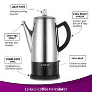 CDKM PC-9822 Stainless Steel 12-Cup Coffee Percolator with Clear Brewing Knob
