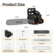 Vipsafe 58cc Gas Chainsaw, 20-Inch Low-Kickback Laminated Bar, 2-Cycle Engine, Triple Anti-Vibration System, Chain Brake, Rear Handle, Black and Red