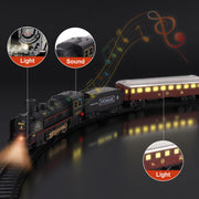 TOPFOX Classic Electric Train Set with Realistic Sounds and LED Lights, 14 Tracks, Locomotive, Coal Car, Log Car, Passenger Car, Child-Safe ABS Plastic