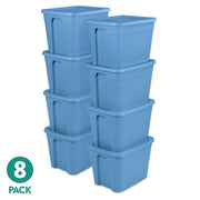 Sterilite 18 Gallon Plastic Storage Bin with Snap-On Lid, Stackable, Blue, 8 Pack