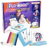 Allstar Innovations Flo-Magic Kids Enchanted Series Airbrush Marker Kit, Rechargeable Cordless, Washable Non-Toxic Markers, Unicorn Mermaid Dolphin Stencils, 25-Piece Set