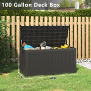 Bifanuo TT026-GR  100 Gallon Lockable Resin Deck Box, Weather-Resistant Outdoor Storage Container, Black Wicker Texture, Supports 330 lb Seating