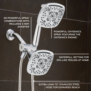 Oxygenics Arc Chrome Combo Shower Head, Dual Spray Faces, 80 High-Pressure Settings, 72-Inch Stainless Steel Hose, Chrome Finish, 77388
