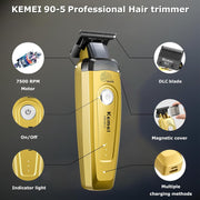 Kemei Hair & Beard Trimmer, Cordless, Zero Gap DLC Blade, 7500 RPM Motor, Gold, KM-90-5