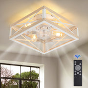 Zardon 16 Low Profile Caged Ceiling Fan with Light, Remote Control, Light Brown Wood and White Finish, 6-Speed Quiet DC Motor, Indoor