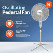 PAMI 16 in Oscillating Pedestal Fan, Portable Standing Fan with 3 Speed Levels, Adjustable Tilt and Height, White, 0051
