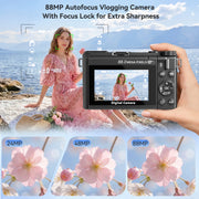 XLURC 4K Digital Camera, 88MP CMOS Sensor, 24X Optical Zoom, Auto Focus, 3-Inch 180 Flip Touchscreen, WiFi Enabled, Black, WD200-1-Black