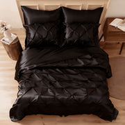 MR&HM Satin Comforter Set, 7 Pieces, Queen Size, Black, Pinch Pleat Design, Silky Soft Polyester Satin Bedding