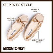 Minnetonka Cally Women's Slipper, Cinnamon Suede, Faux Fur Lined, Moccasin Toe, Leather Tie, Thin Rubber Outsole, Size 9