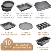 HONGBAKE HB-BS-03-10-GRY 10-Piece Carbon Steel Bakeware Set, Nonstick Diamond Texture, Wide Grips, Stackable, Grey