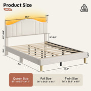 Pinmoco B702053H-BLTD Queen Upholstered Bed Frame with Adjustable Arc-shaped Headboard, LED Platform Bed, Teddy Velvet Black