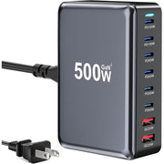 Eshufta5 500W USB-C Fast Charger, 8-Port Charging Station with GaN III Pro Technology, Dual 100W PD PPS Ports, Multi-Device Support, Black