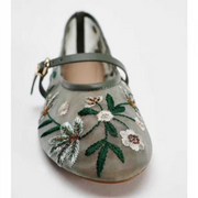Haimao Tong Women Breathable Mesh Flats Mary Jane Ballet Shoes with Buckle Strap Floral Lace Casual Dress