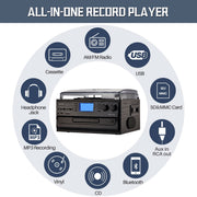 Direct Power Plus EZ-50SD-TT-19-K 10-in-1 Bluetooth Record Player Turntable for Vinyl Records CD Cassette USB/SD Convert