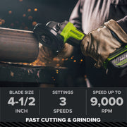 Greenworks AG590A2 24V Cordless 4-1/2 in Brushless Power Angle Grinder, 3-Speed Settings, Adjustable Handle, Tool-Free Guard, 3.6 lb