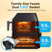 Transonic 11QT Air Fryer, Dual Vertical Basket Design with Deep Top and Long Bottom Baskets, 430F High-Heat Broil, 360 Rapid Circulation, 6-in-1 Preset Function, Family Size, Black, ODA1100