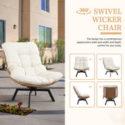 Walsunny Outdoor Wicker Swivel Chair, 360 Oversized Patio Papasan with Thick Beige Cushion, Sturdy Steel Frame, Modern Rattan Lounge Chair, MXZY-BG