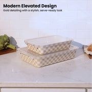 Thyme&Table 4-Piece Checkered Stoneware Baking Dish Set with Lids, Beige, Large 4.5QT and Medium 2.17QT