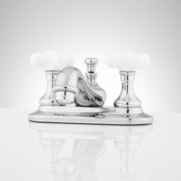 Signature Hardware SH449724CP Teapot Centerset Lavatory Faucet with Rod Type Drain - Porcelain Cross Handles - Chrome