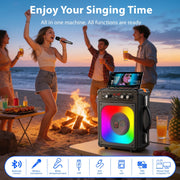JAUYXIAN Karaoke Machine, Bluetooth Speaker with 2 Wireless Microphones, Colorful RGB DJ Lights, Portable with Shoulder Strap, USB TF AUX Input, 30W Sound System T22-T TX06