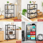 Furnibear 4-Tier Folding Storage Shelves with Wheels, Foldable Metal Rack, Rust-Resistant Black, 600 lbs Capacity