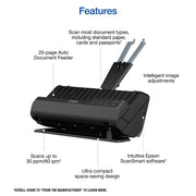 Epson WorkForce ES-C220 Compact Desktop Document Scanner, Duplex, 20-Page Auto Document Feeder, USB-C, Black