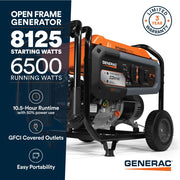 Generac GP6500 Portable Gas Generator, 8125 Starting Watts, 6500 Running Watts, PowerRush Technology, COsense Carbon Monoxide Detection, 10.5 Hour Runtime, Heavy Duty Steel Frame, Orange and Black, 76802