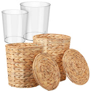 Topekada 2 Pack Wicker Trash Cans with Removable Lids and Liners, 1.9 and 2.7 Gallons, Handmade Woven Wastebaskets with Stainless Steel Frames, Yellow