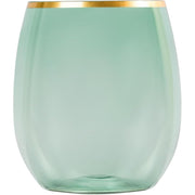 PLASTICPRO Stemless Disposable Wine Glasses, 12 Oz Translucent Green Plastic Cups with Gold Rim, Pack of 6