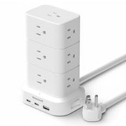 Honeywell Power Tower Charging Station, 15 AC Outlets, 3 USB Ports with 20W USB-C Power Delivery, 900 Joules Surge Protector, 4ft Extension Cord, White