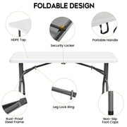 HASIMAN ZDZ01 Portable Folding Table Heavy Duty Fold-in-Half Plastic Table 6ft White