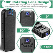 Stock Preferred Mini Body Cam 1080P HD Video Recorder with Night Vision, 180 Rotatable Lens, Clip-On Action Camera, Built-In Battery, Black